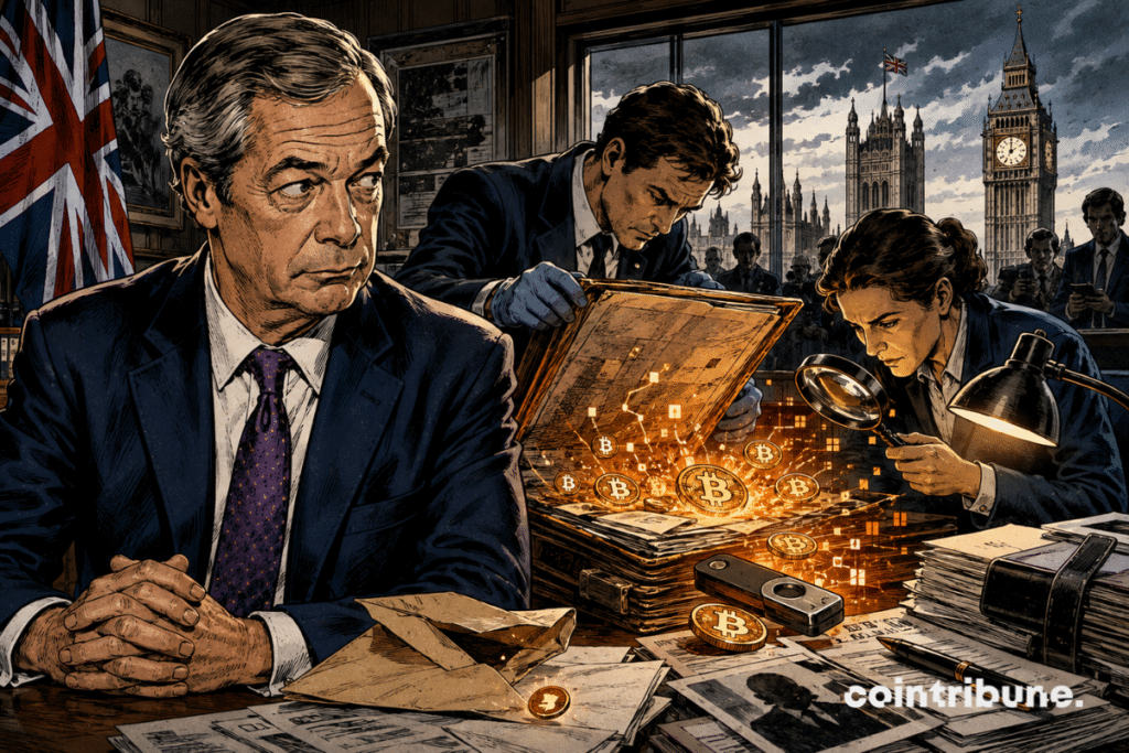 Nigel Farage looks on as investigators examine a crypto donations file in front of Westminster.