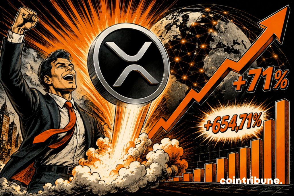An euphoric crypto investor watches the XRP network activity explode.