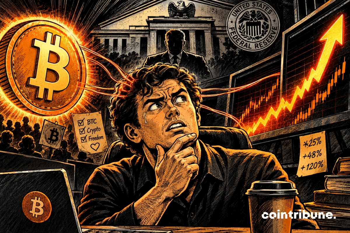 A crypto investor is torn between his convictions and the allure of high returns, under the influence of a mysterious, omnipresent, and menacing financial authority.