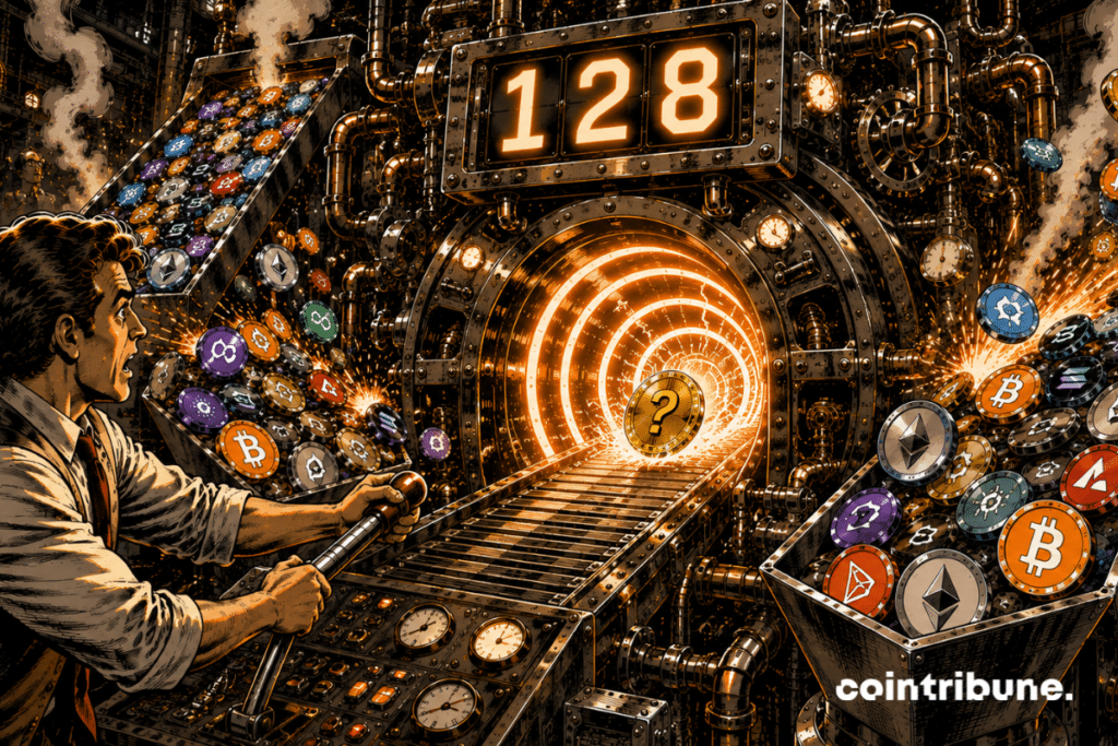 Dozens of crypto coins enter a massive retro-futuristic industrial machine. A DefiLlama analyst pulls a lever as the machine violently sorts the tokens. They are discarded in every direction into bins and tossed into the air. Only one token emerges from a central door surrounded by three glowing rings, a visual metaphor for the top rating.