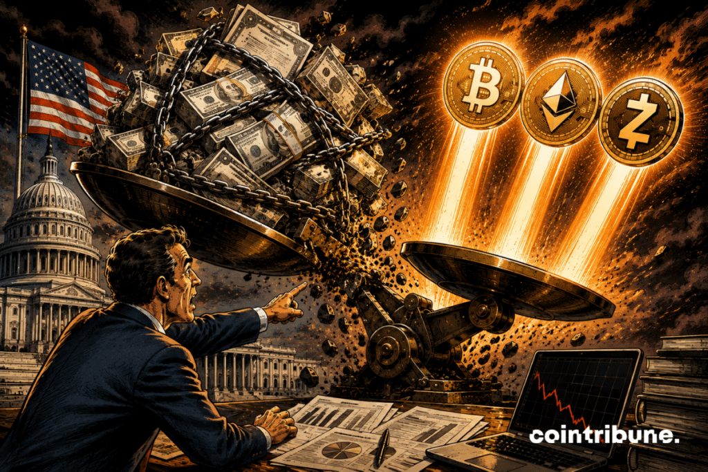 An analyst in a suit stands in front of a gigantic financial balance symbolizing the American debt. On one pan, a mountain of bills, bonds, and chains becomes so heavy that the mechanism collapses. On the other side, three mysterious crypto tokens start to be propelled upward. The character points to the three assets with an expression of surprise.