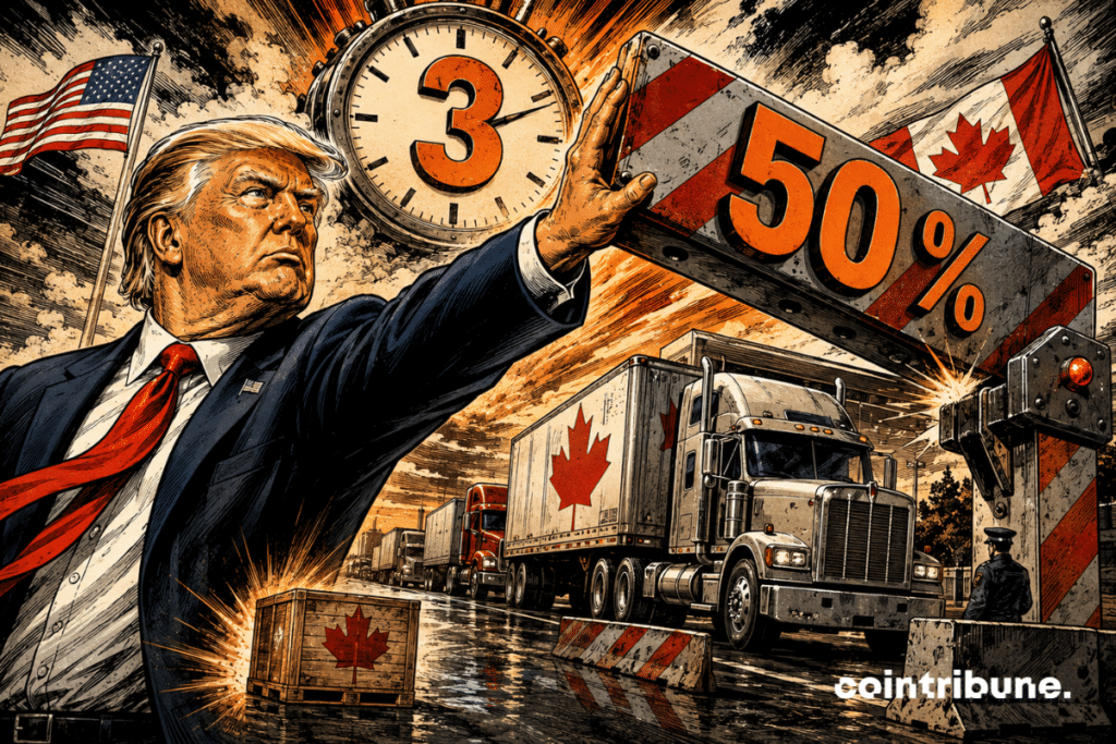 Donald Trump holds back a barrier marked 50%, in front of Canadian trucks and a clock displaying 3.