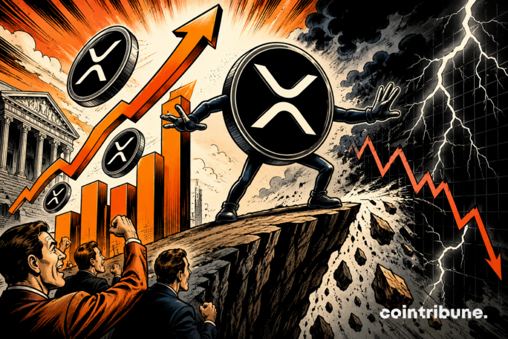 Ilustração do XRP diante de forte volatilidade, com gráficos de alta e baixa representando a pressão sobre seus ETFs.
