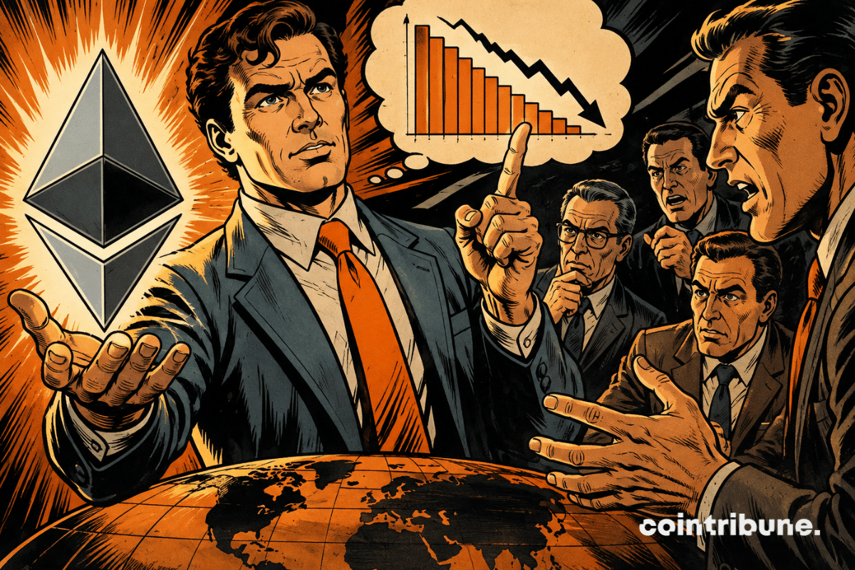 Illustration depicting a debate around Ethereum, with executives discussing lower staking rewards illustrated by a downward chart.