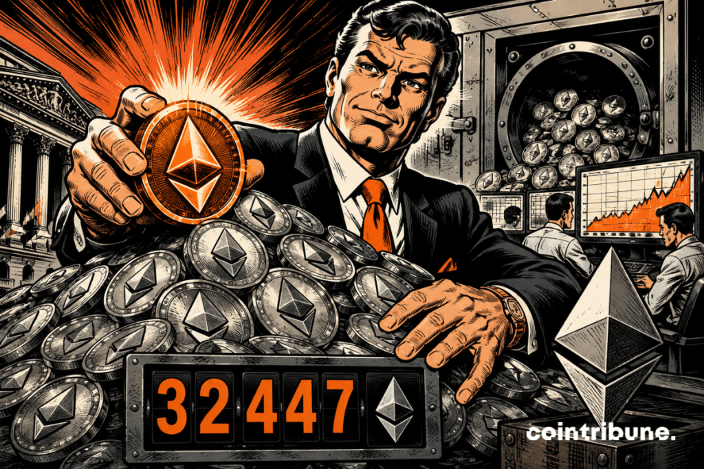 Illustration de BitMine achetant 32 447 Ethereum, avec un investisseur entouré de pièces ETH et un graphique en hausse.