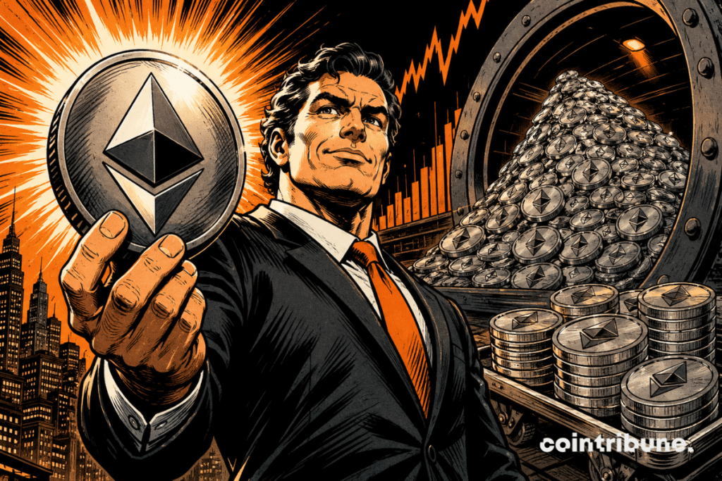 Ethereum et BitMine : un investisseur présente une pièce d’ETH devant une réserve massive d’Ethereum, illustrant l’accumulation de cryptomonnaies.