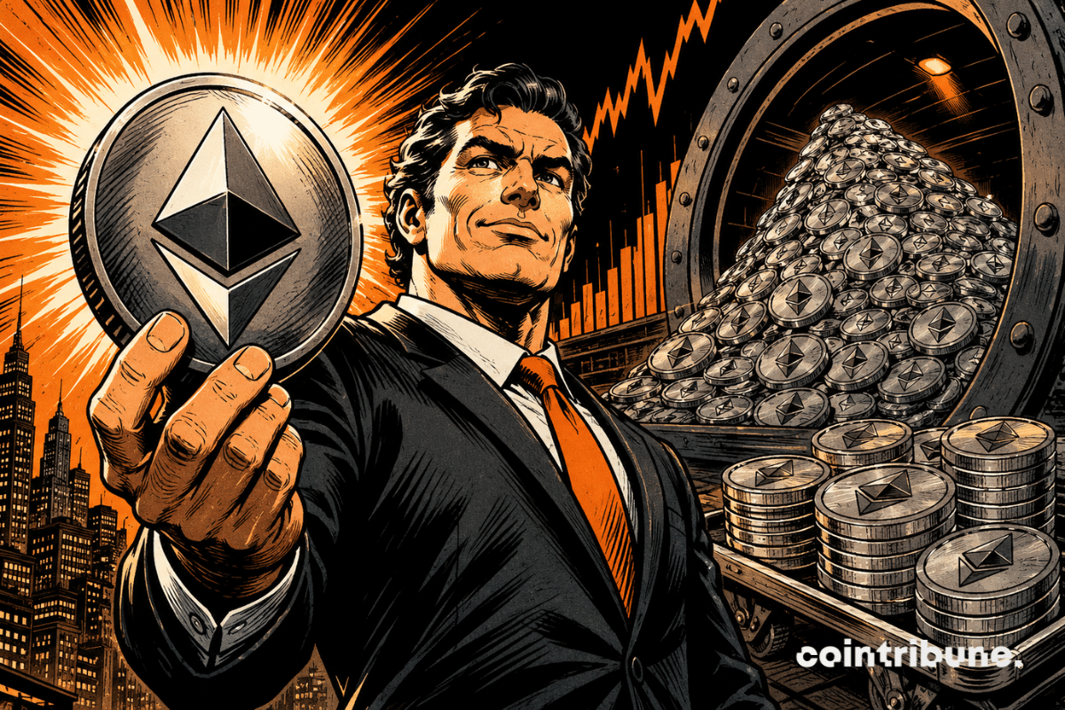 Ethereum and BitMine: an investor holds an ETH coin in front of a massive Ethereum reserve, illustrating crypto accumulation.