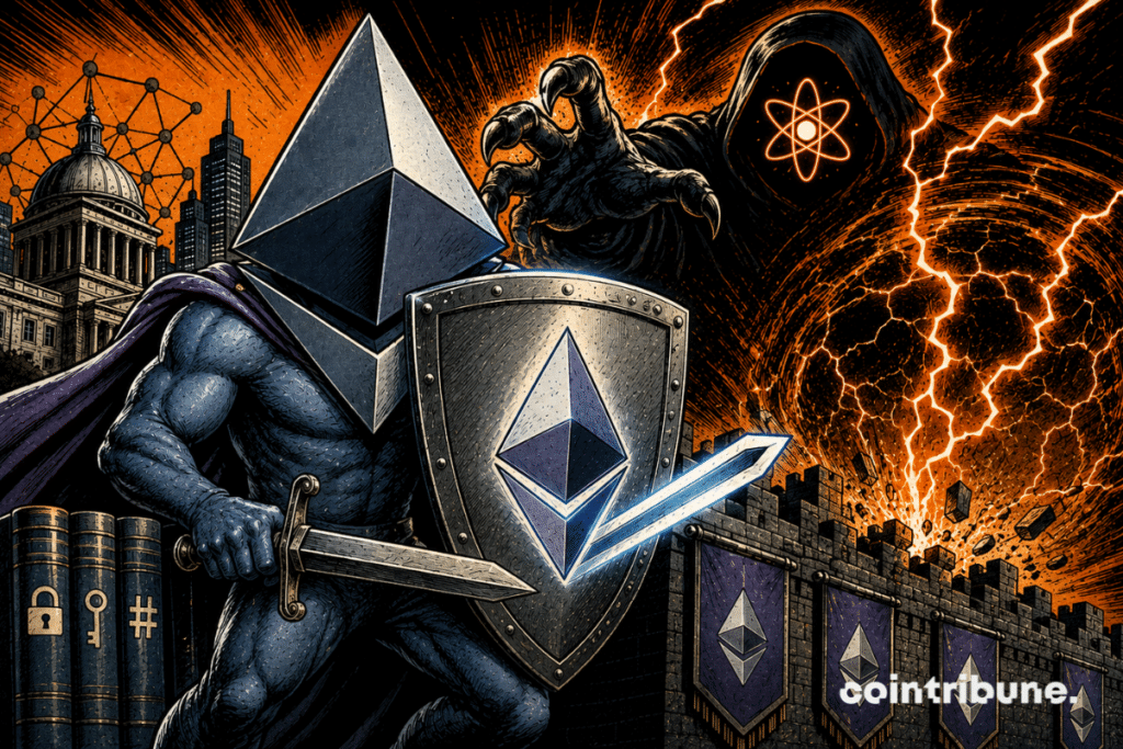 Un super héros Ethereum protège les remparts de son architecture.