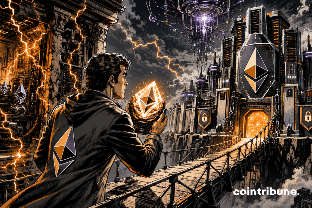 Un ingénieur Ethereum au premier plan transfère un cœur cristallin évoquant l’ETH depuis une vieille machine de staking vers une imposante forteresse informatique futuriste. Il avance sur une passerelle suspendue, tenant précieusement le cœur entre ses mains.