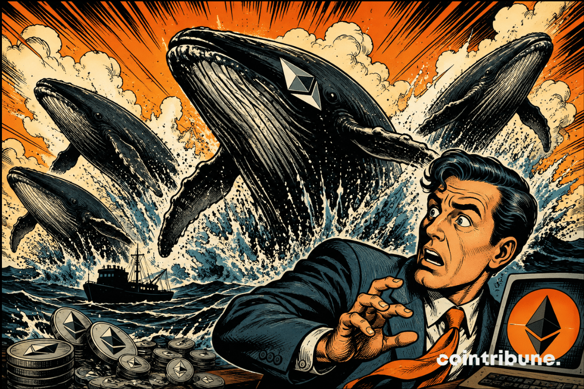 Illustration of giant Ethereum whales emerging from the waves, symbolizing the awakening of old ETH wallets and selling concerns.