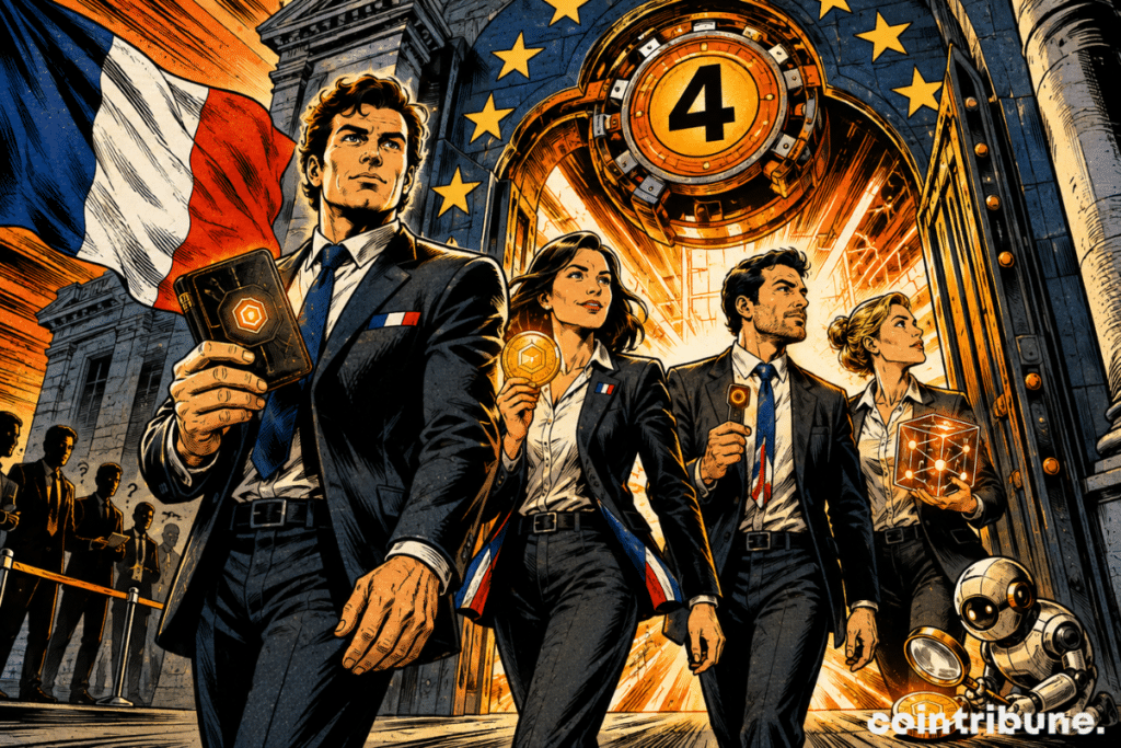 Four French professionals emerge from a glowing European portal marked with the number 4, surrounded by crypto symbols and the French flag.
