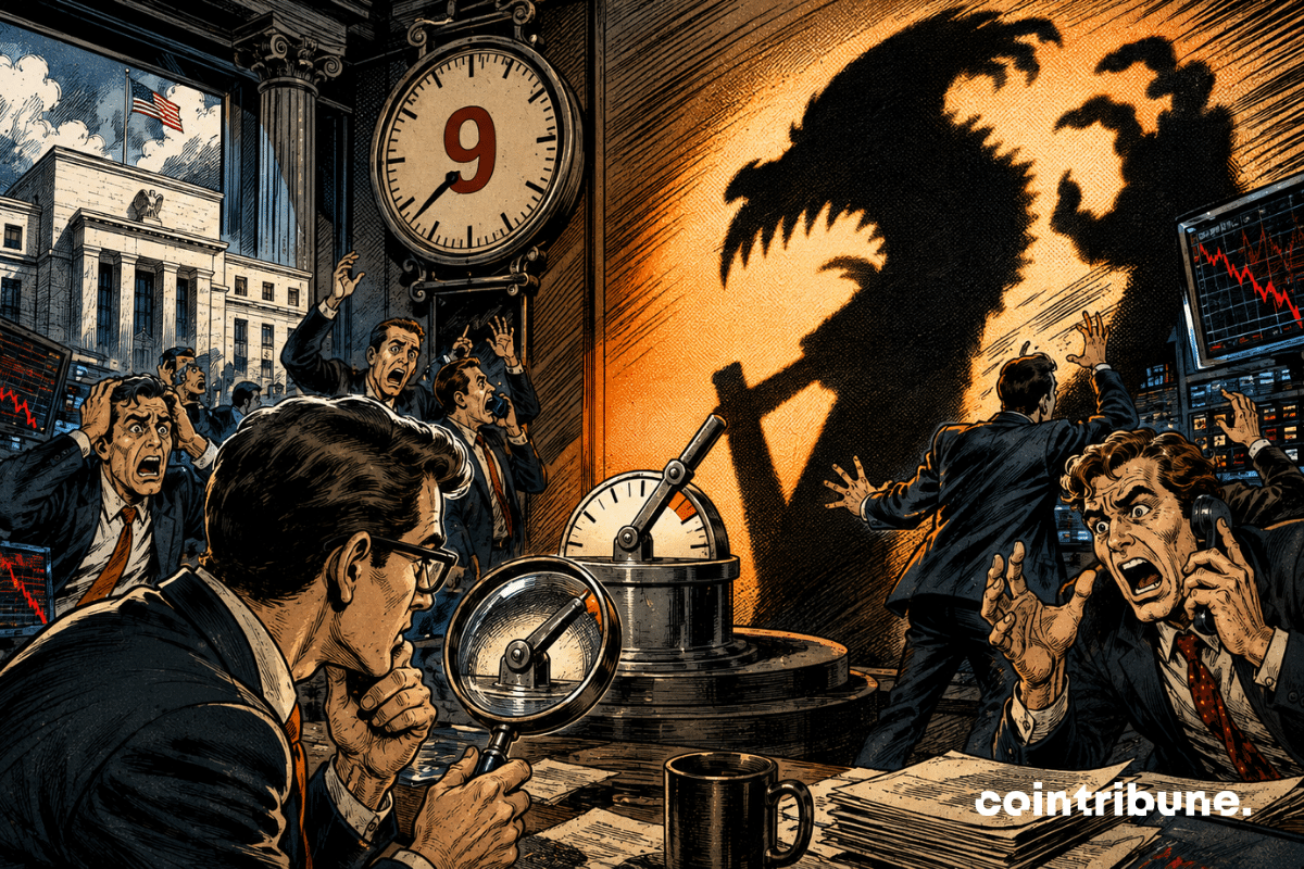 Des traders paniquent devant l’ombre géante d’un petit levier de taux, sous une horloge affichant 9.