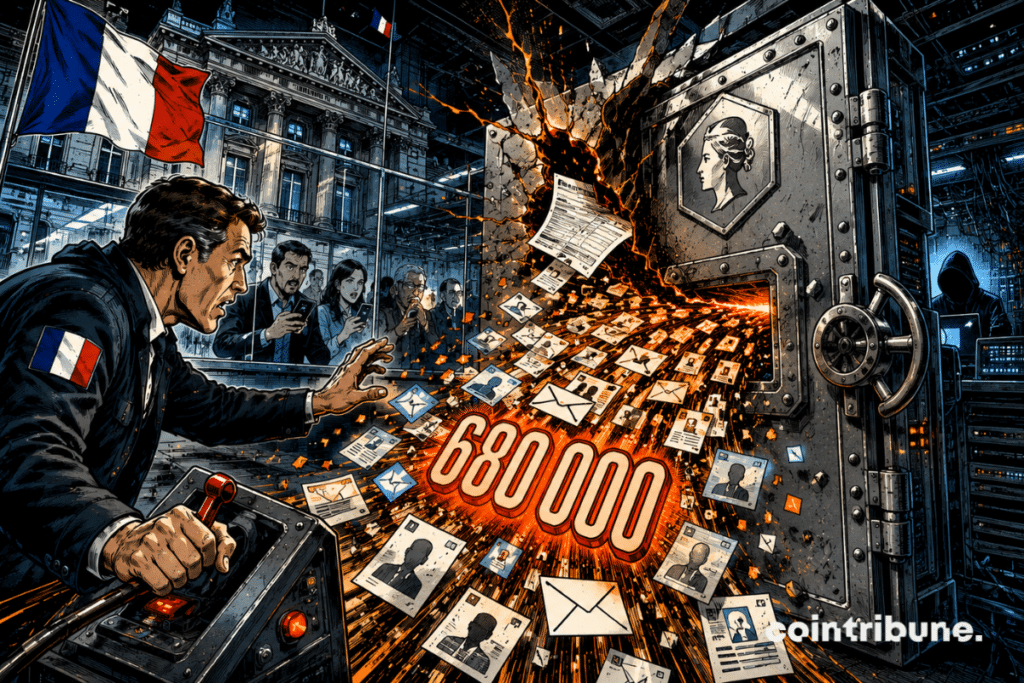 Tax data in France leaks from a compromised digital vault, with the number 680,000 at the center of the scene.
