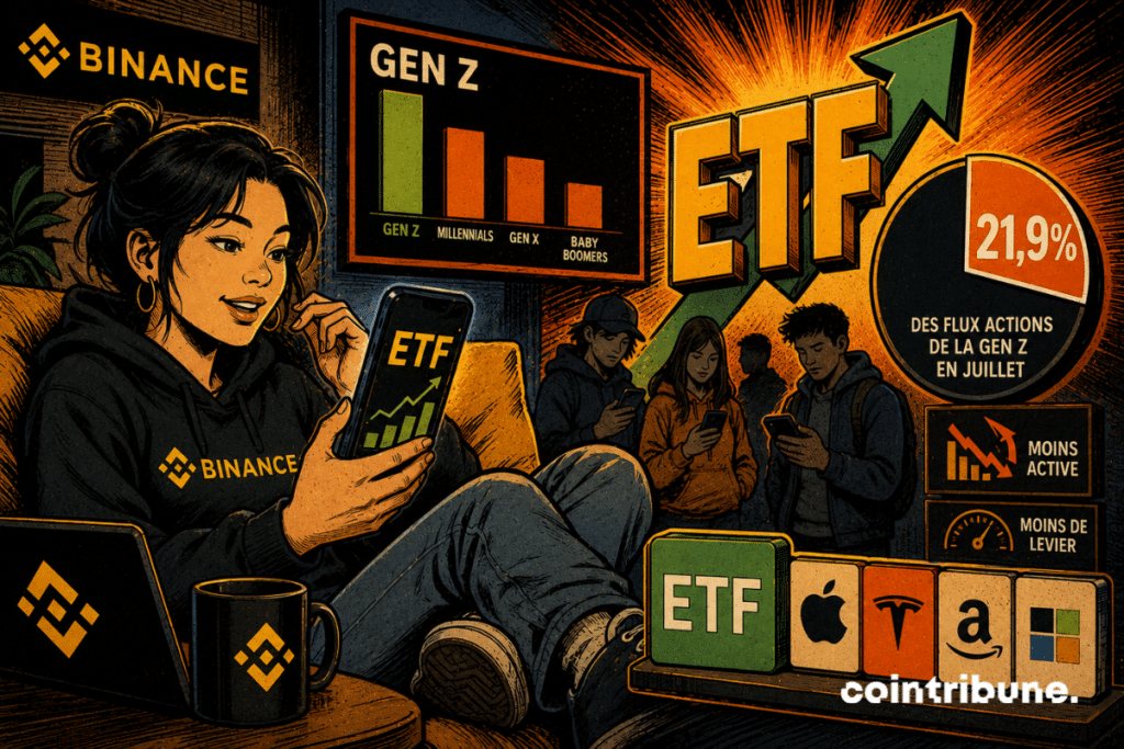 Une jeune investisseuse consulte des ETF sur Binance, entourée de graphiques, smartphones, jeunes utilisateurs, actions célèbres et indicateurs financiers colorés.
