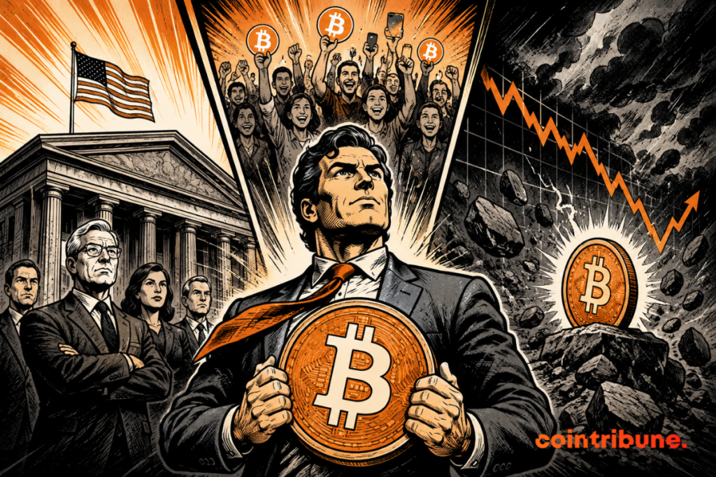 Illustration of Bitcoin adoption involving financial institutions, investors and a bearish market.