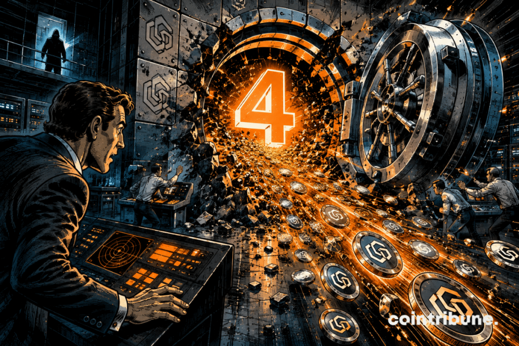 A shattered crypto vault spills tokens as a large glowing 4 symbolizes the scale of the attack.