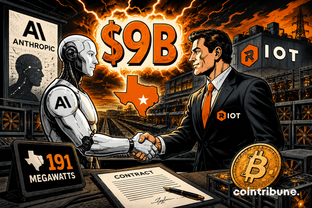 An AI figure and a Riot executive shake hands in front of a Bitcoin mining farm in Texas.