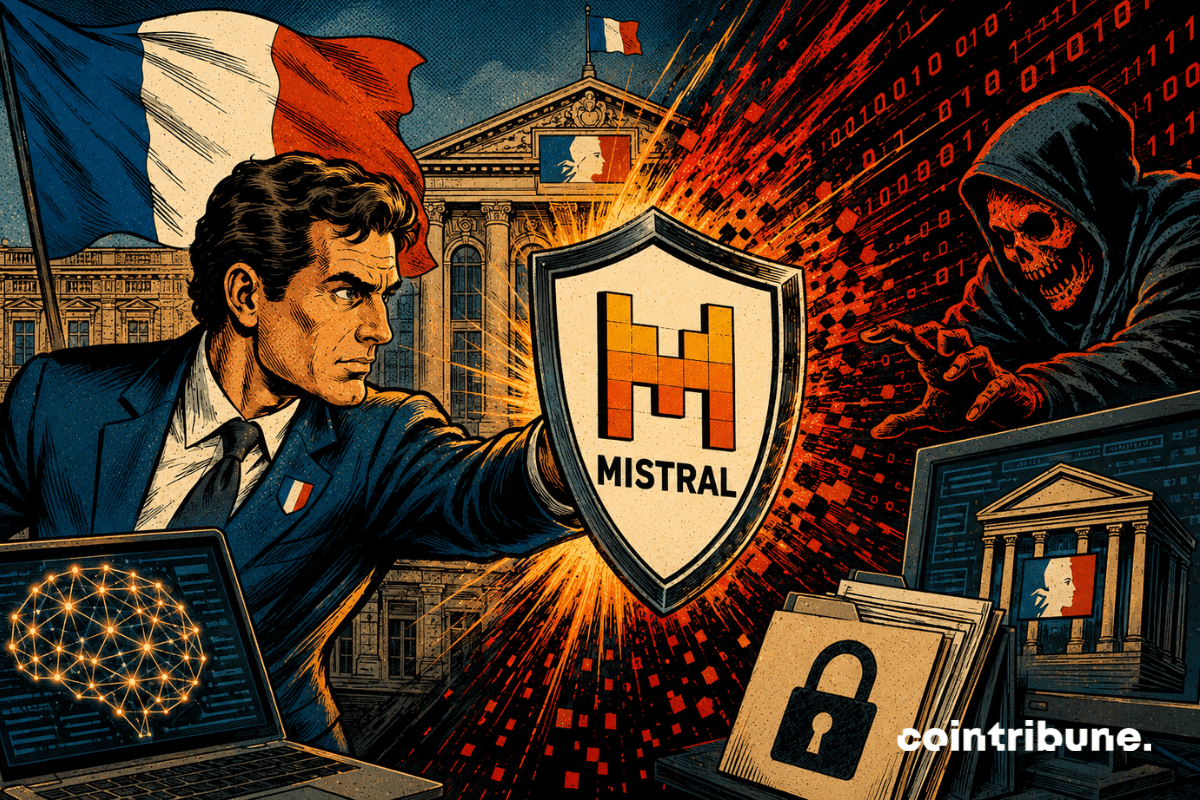 Un dirigeant de la France brandit un bouclier numérique Mistral, symbole de la protection des données publiques grâce à cette IA.