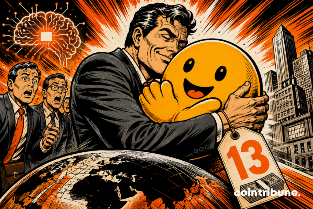 Illustration d’un homme en costume serrant dans ses bras un symbole souriant de l’IA, avec le logo d’un cerveau numérique, des gratte-ciel et une étiquette affichant 13 milliards de dollars, représentant Hugging Face et sa possible vente.