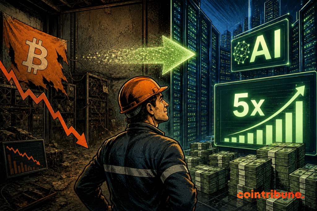 Un mineur, des machines Bitcoin, des serveurs dédiés à l’intelligence artificielle, une flèche, des graphiques et des piles d’argent.