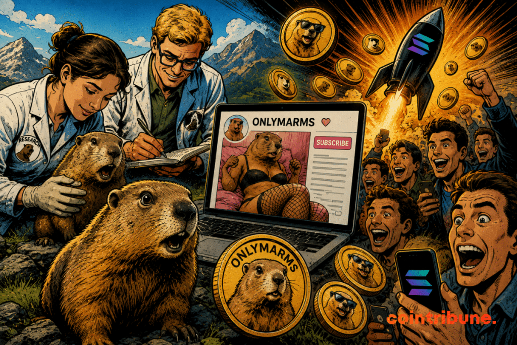 Deux chercheurs étudient des marmottes tandis qu’un ordinateur affiche leur profil, entouré d’une foule enthousiaste, de pièces et d’une fusée.