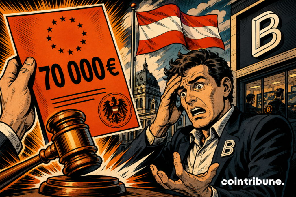Bitpanda sanctionnée de 70 000 € en Autriche sous MiCA, avec un marteau de justice et les drapeaux européen et autrichien.