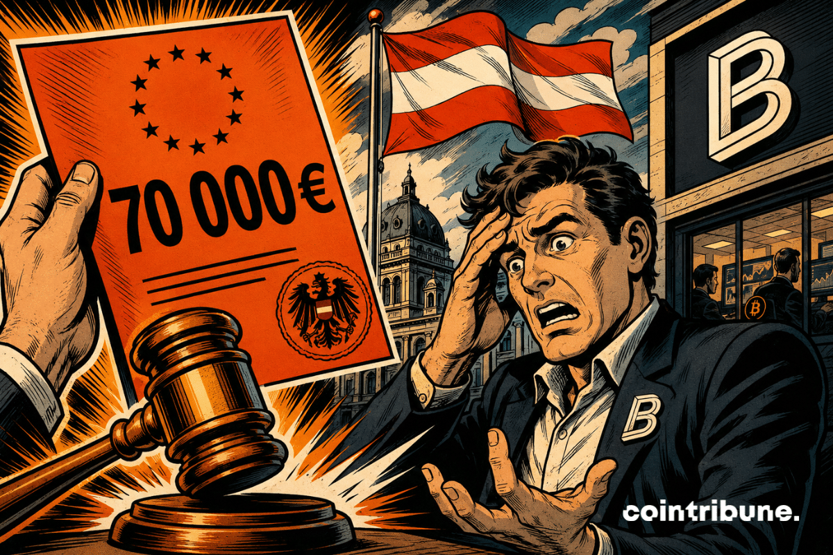 Bitpanda sanctionnée de 70 000 € en Autriche sous MiCA, avec un marteau de justice et les drapeaux européen et autrichien.