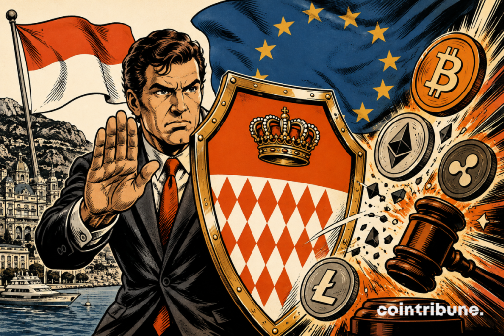 Illustration of Monaco facing MiCA, featuring the Monaco and EU flags, Bitcoin, Ethereum and a judicial gavel.