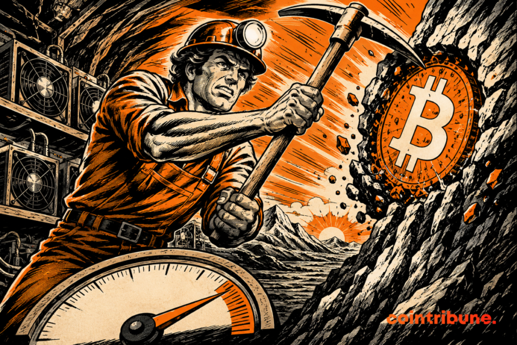 Illustration d’un mineur de Bitcoin frappant une paroi rocheuse avec le symbole Bitcoin, entouré de machines de minage.