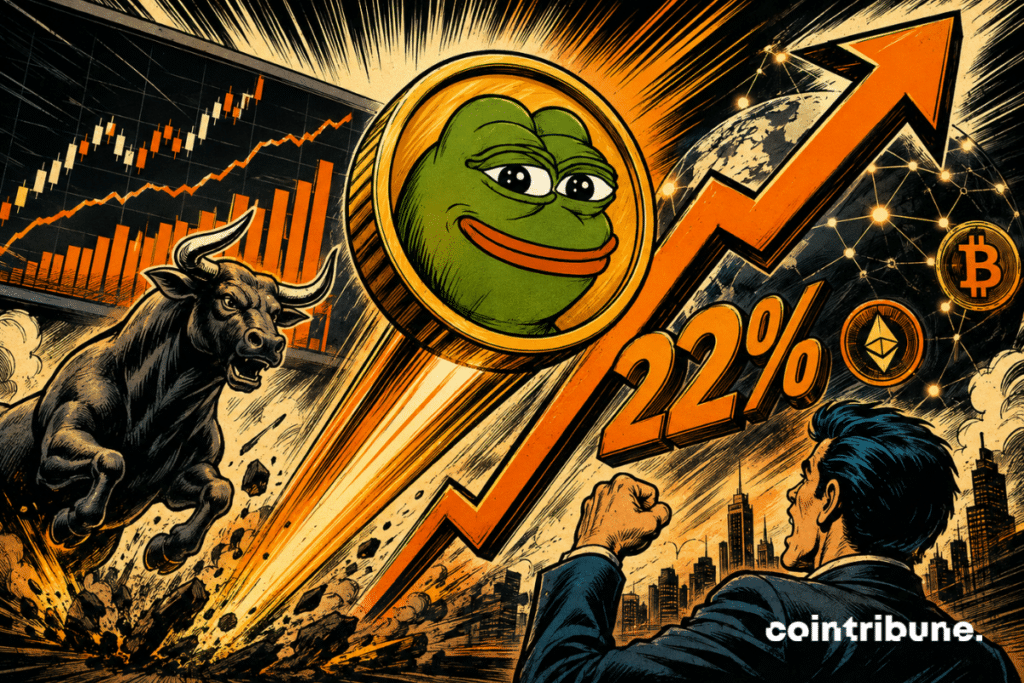 Illustration of Pepcoin up 22%, with a bullish crypto chart, a bull, and Bitcoin and Ethereum symbols.