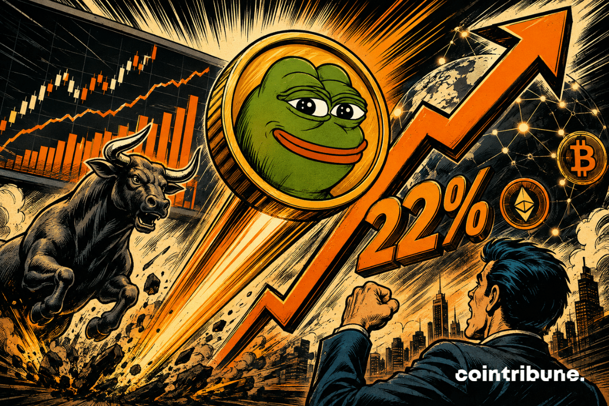 Illustration of Pepcoin up 22%, with a bullish crypto chart, a bull, and Bitcoin and Ethereum symbols.