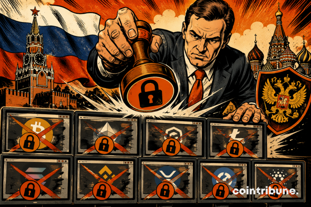 Illustration montrant la Russie fermant neuf plateformes crypto à Moscou, avec des écrans Bitcoin, Ethereum et autres cryptomonnaies verrouillés.