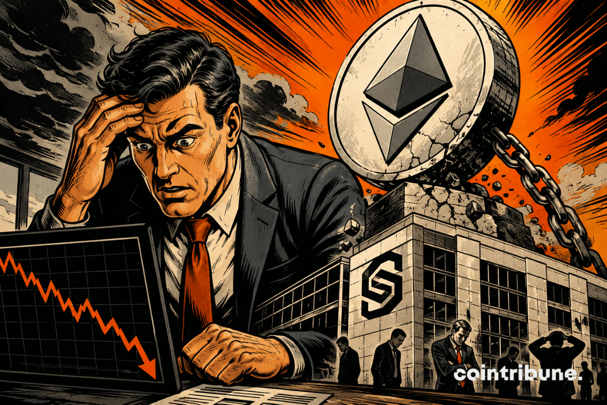SharpLink under pressure after a heavy loss linked to the decline in Ethereum, with a falling chart and the company headquarters in the background.