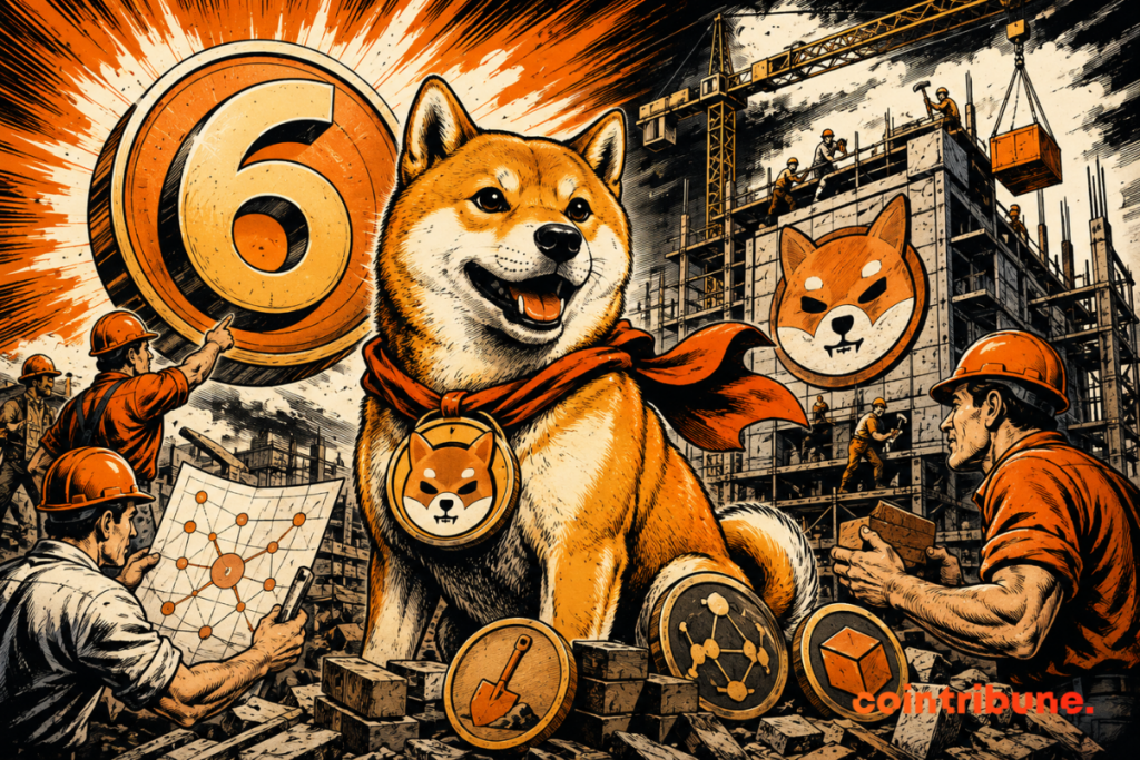 Illustration of Shiba Inu celebrating its sixth anniversary at a construction site, symbolizing the rebuilding of its ecosystem, surrounded by workers, a crane, and blockchain-themed elements.