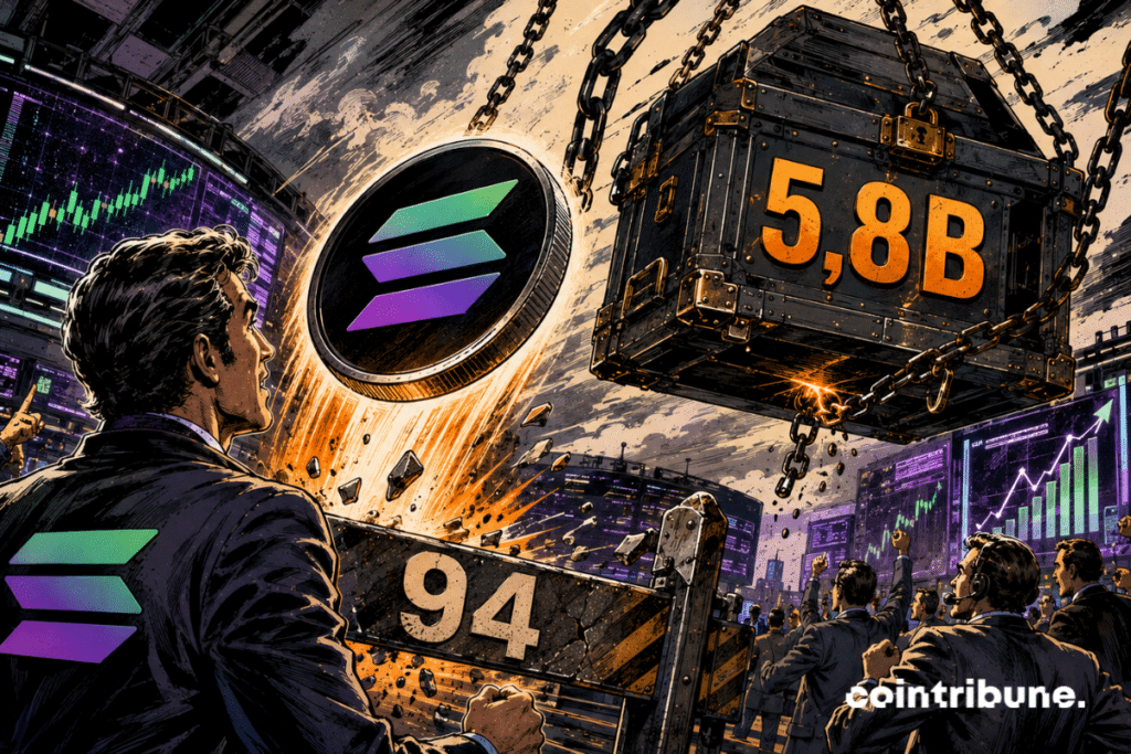 A Solana coin crosses the 94 mark beneath a suspended vault labeled 5.8B.