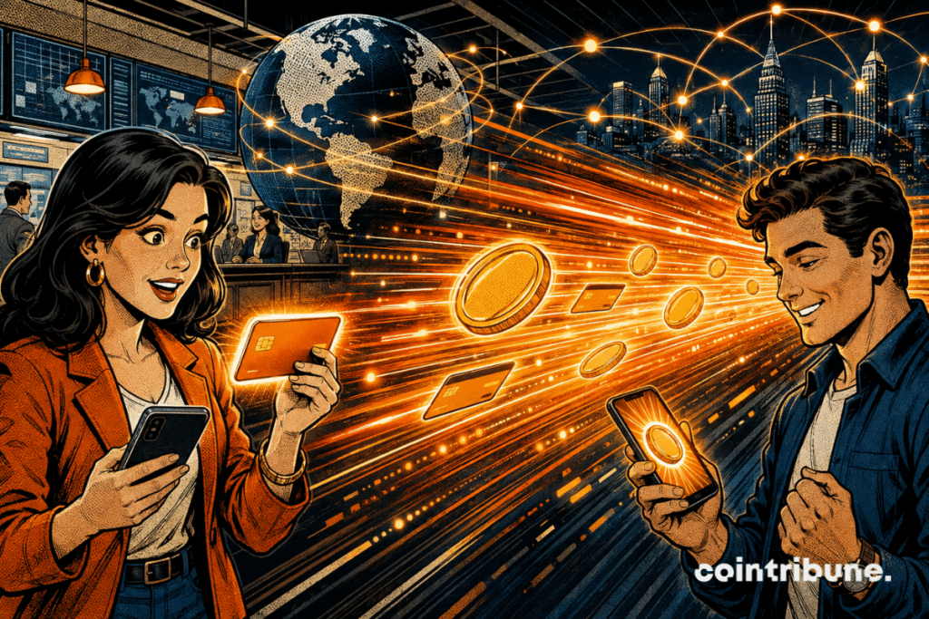 A woman sends stablecoins using a card and smartphone, while a recipient instantly receives the funds.