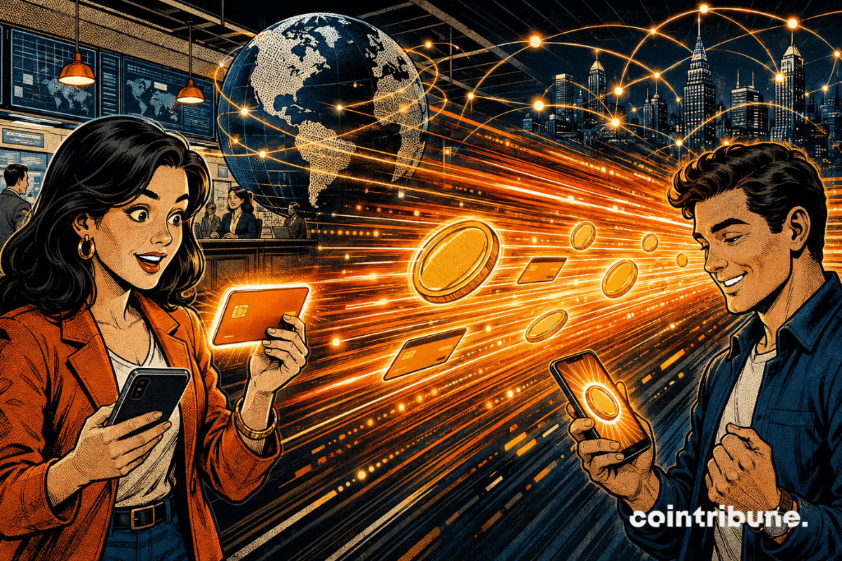 Une femme envoie des stablecoins par carte et smartphone, tandis qu’un destinataire reçoit instantanément les fonds.