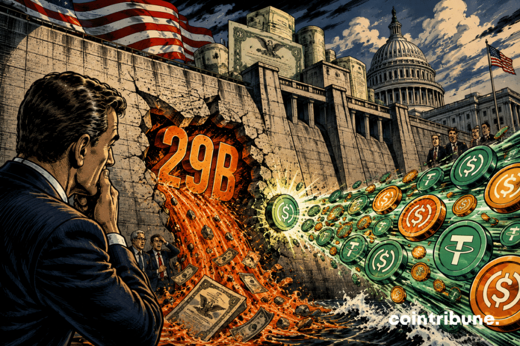 Des stablecoins affluent vers une brèche marquée 29B dans un barrage symbolisant la dette américaine.