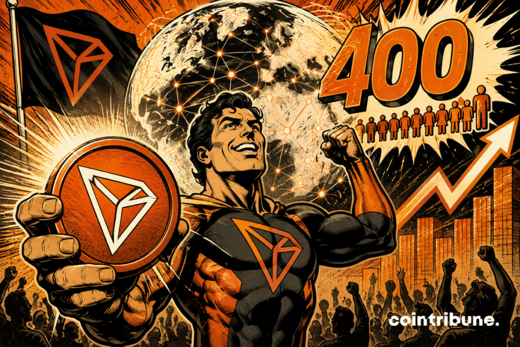 Illustration de TRON symbolisant le cap des 400 millions de comptes et la croissance du réseau blockchain.