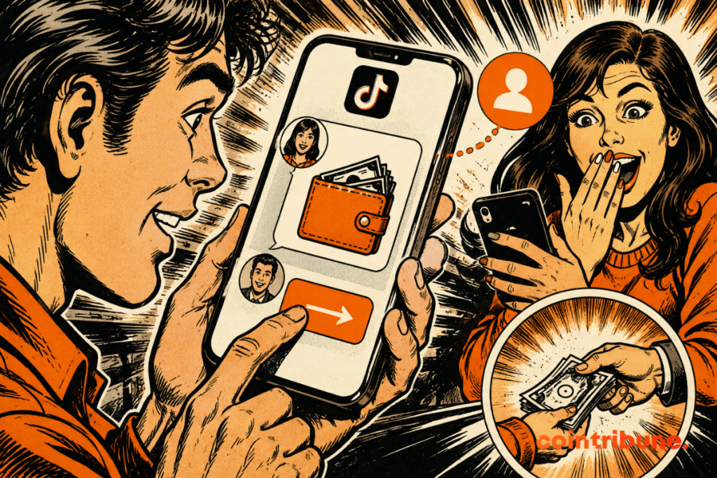 Illustration de TikTok montrant un transfert d’argent entre particuliers directement dans une conversation privée sur l’application.
