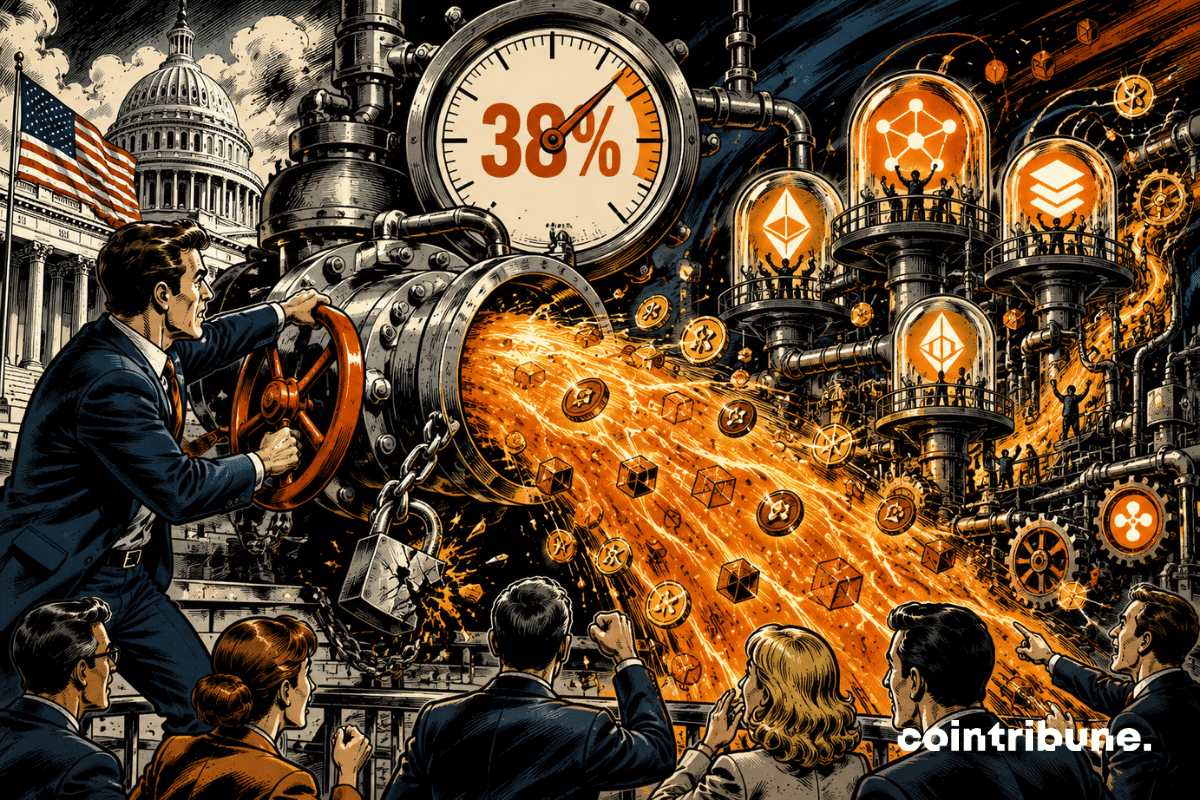Une vanne libère un flux crypto de valeur vers la DeFi tandis qu’un compteur affiche 38 %.