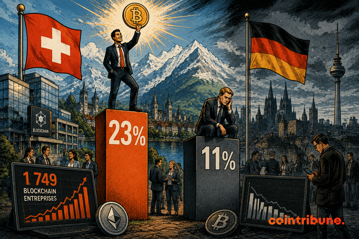 Deux hommes occupent des podiums inégaux sous les drapeaux suisse et allemand, entourés de villes, montagnes, graphiques et symboles crypto.