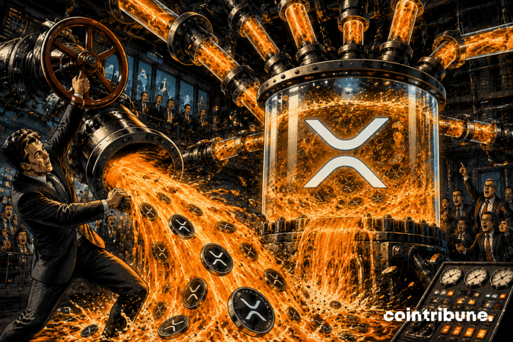 In a huge industrial financial room, an analyst tries to open a gigantic valve connected to a capital reservoir. As soon as the valve opens, a spectacular torrent of coins, light, and orange energy rushes toward a massive transparent tank containing a glowing XRP symbol. The character occupies the foreground, gripping the valve's wheel with an expression of astonishment.