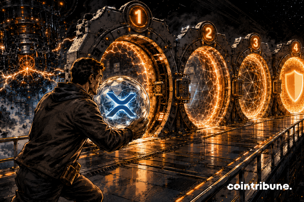 Un ingénieur transporte un gigantesque cœur cristallin inspiré de XRP à travers un corridor futuriste composé de quatre sas successifs. Chaque sas ajoute visuellement une couche de protection au cristal : premier anneau métallique, deuxième couche énergétique, troisième blindage géométrique, quatrième bouclier lumineux. L’ingénieur occupe environ les deux tiers du premier plan, expression déterminée et légèrement inquiète.
