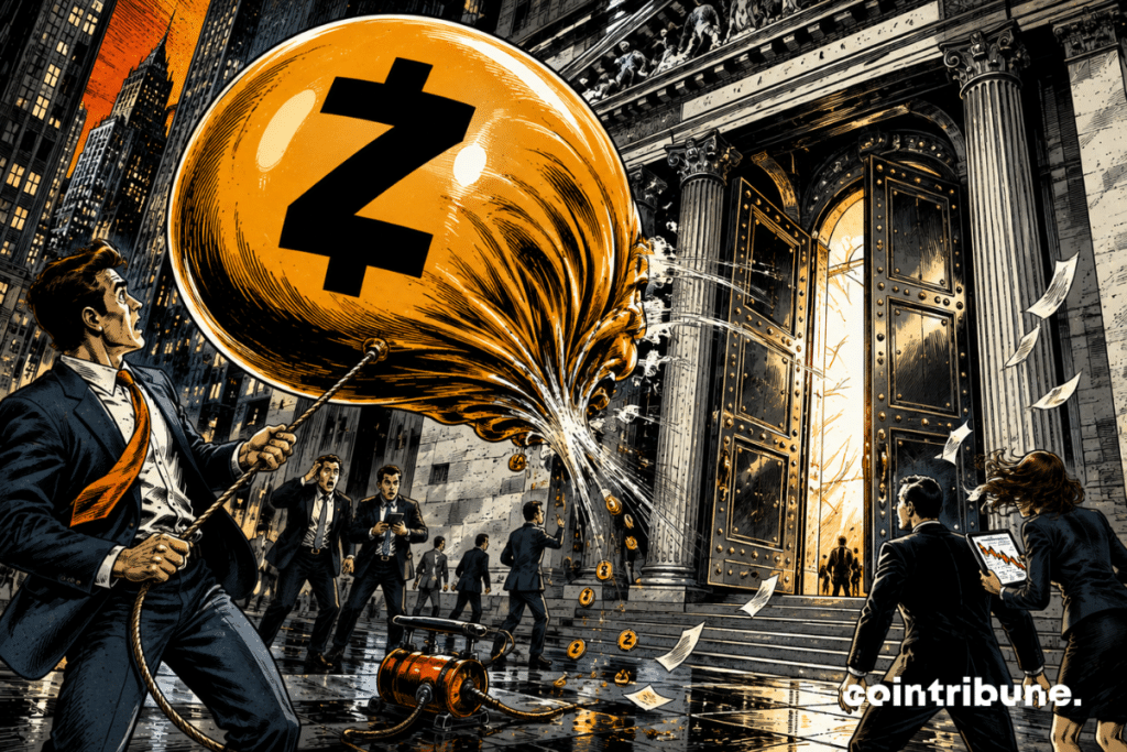 Un ballon Zcash se dégonfle devant un bâtiment financier, sous le regard d’investisseurs crypto surpris.