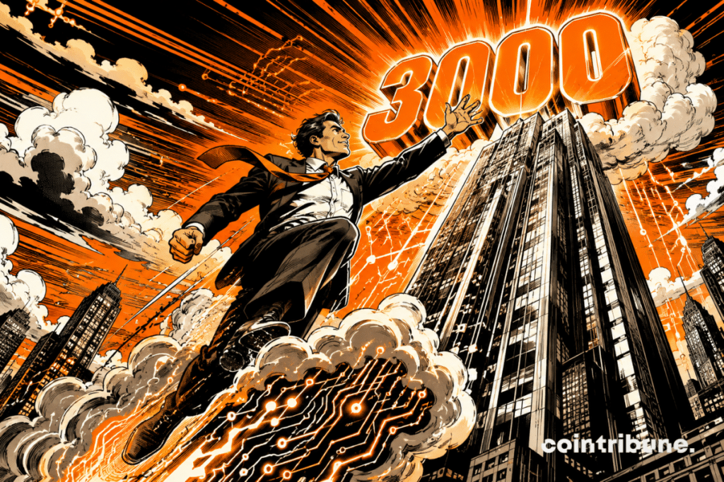 1970s comic book illustration: an executive propelled toward a massive “3000” by AI and the cloud, symbolizing Amazon's meteoric rise.