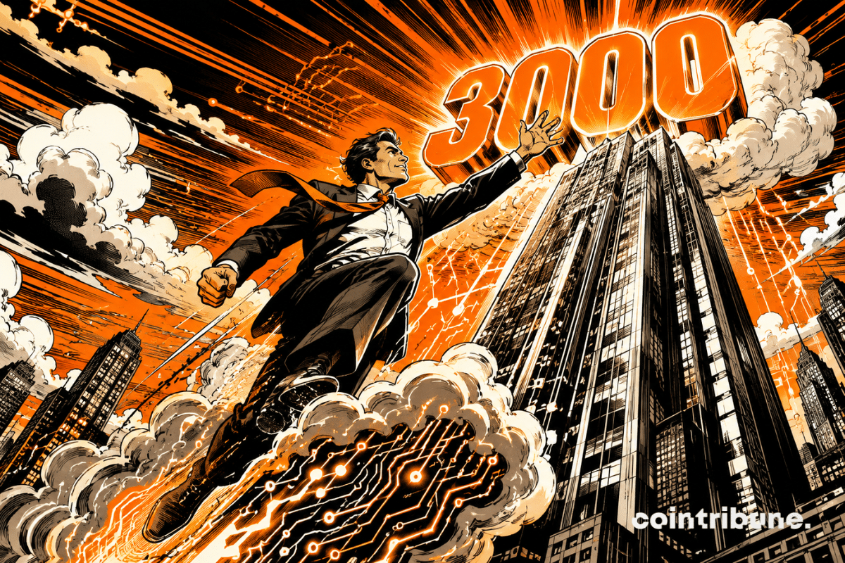 Illustration comics années 70 : un dirigeant propulsé vers un immense 3000 par l'IA et le cloud, symbolisant l'ascension fulgurante d'Amazon.