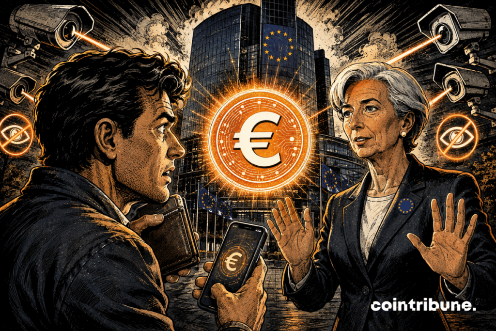 A concerned citizen confronts a European representative over a glowing digital euro, under the symbolic gaze of omnipresent institutional surveillance.