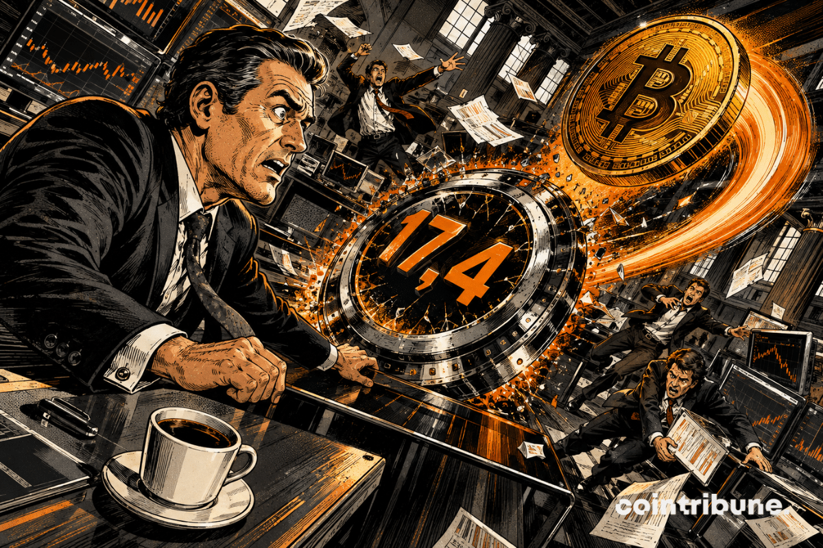 Une salle de marché bascule tandis qu’un cadran affiche 17,4 et qu’une pièce Bitcoin géante traverse la scène.