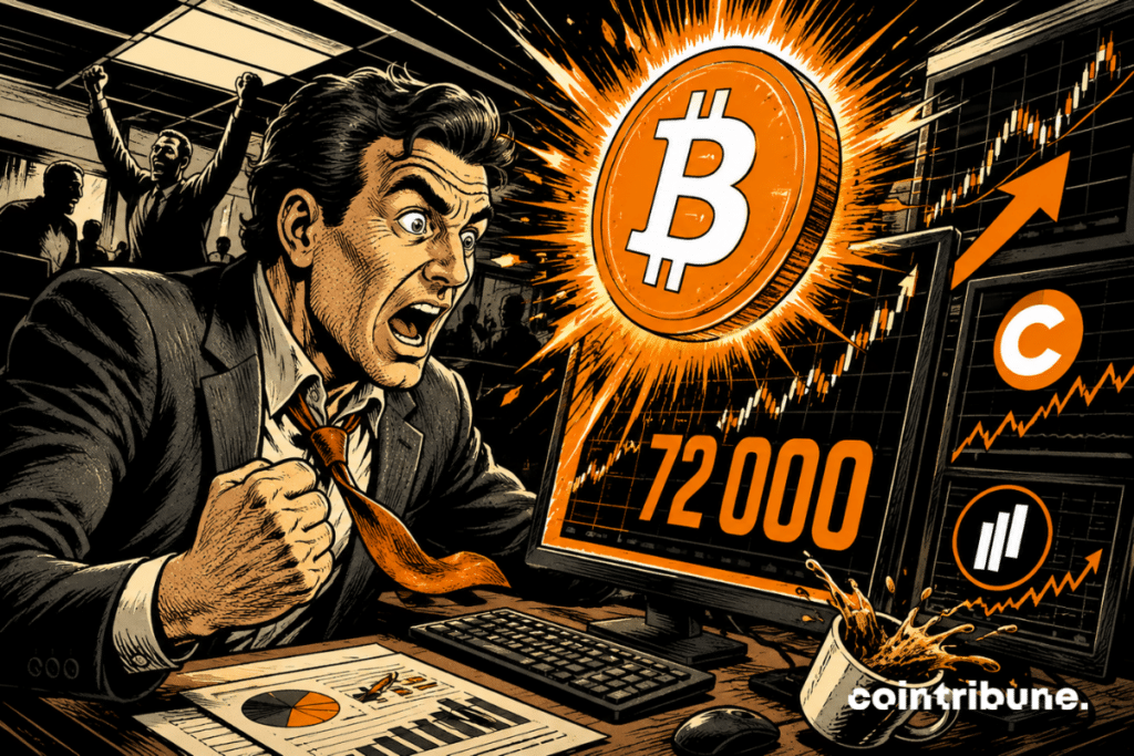 El bitcoin alcanza los 72 000 dólares, mientras un operador eufórico es testigo del espectacular repunte del mercado en una sala de operaciones de alta tensión.